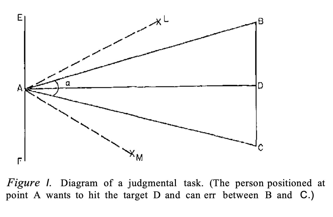 Figure 1. Diagram of a judgmental task. (The person positioned at point A wants to hit the target D and can err between B and C.)