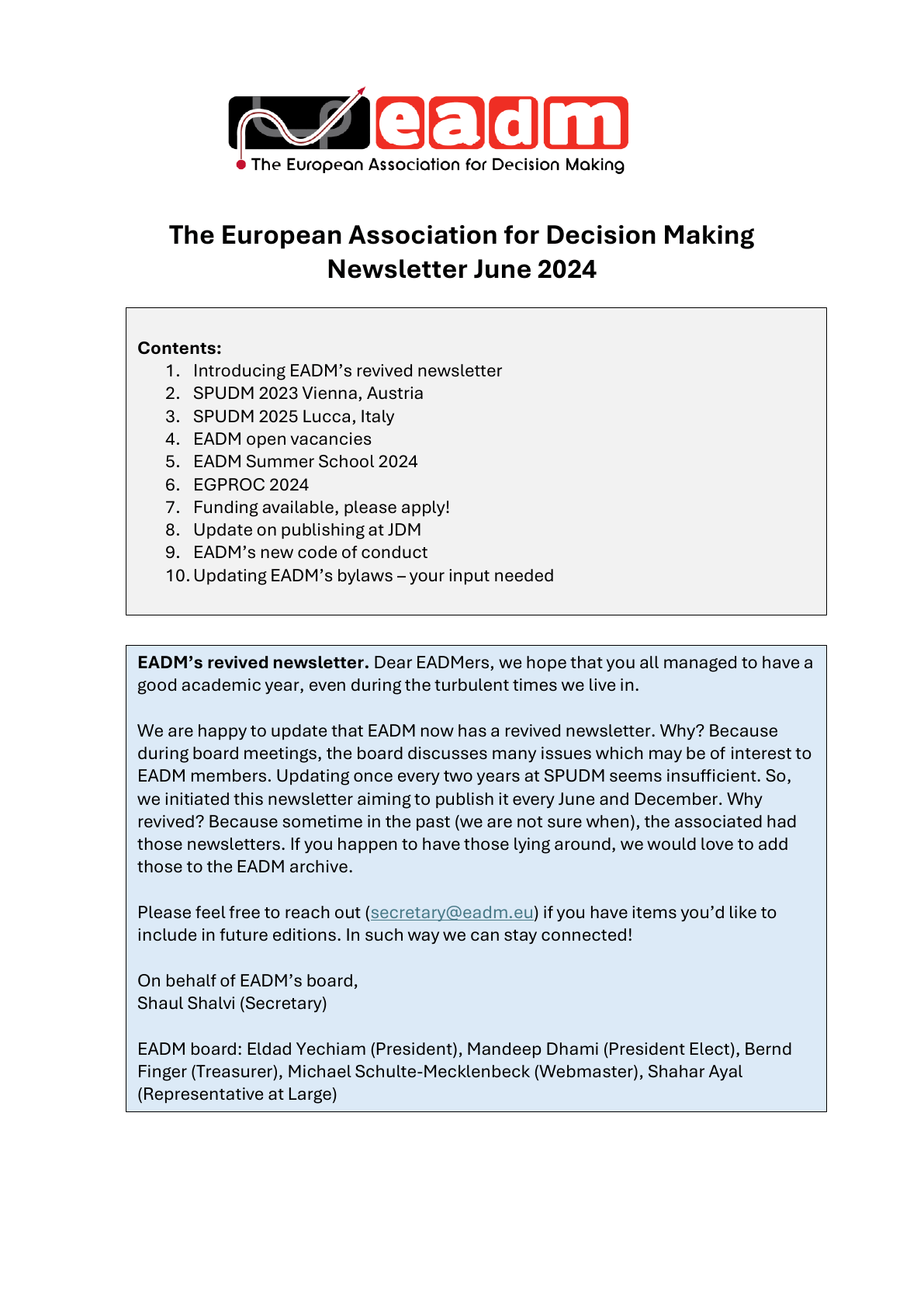 Cover page of the EADM Newsletter, June 2024