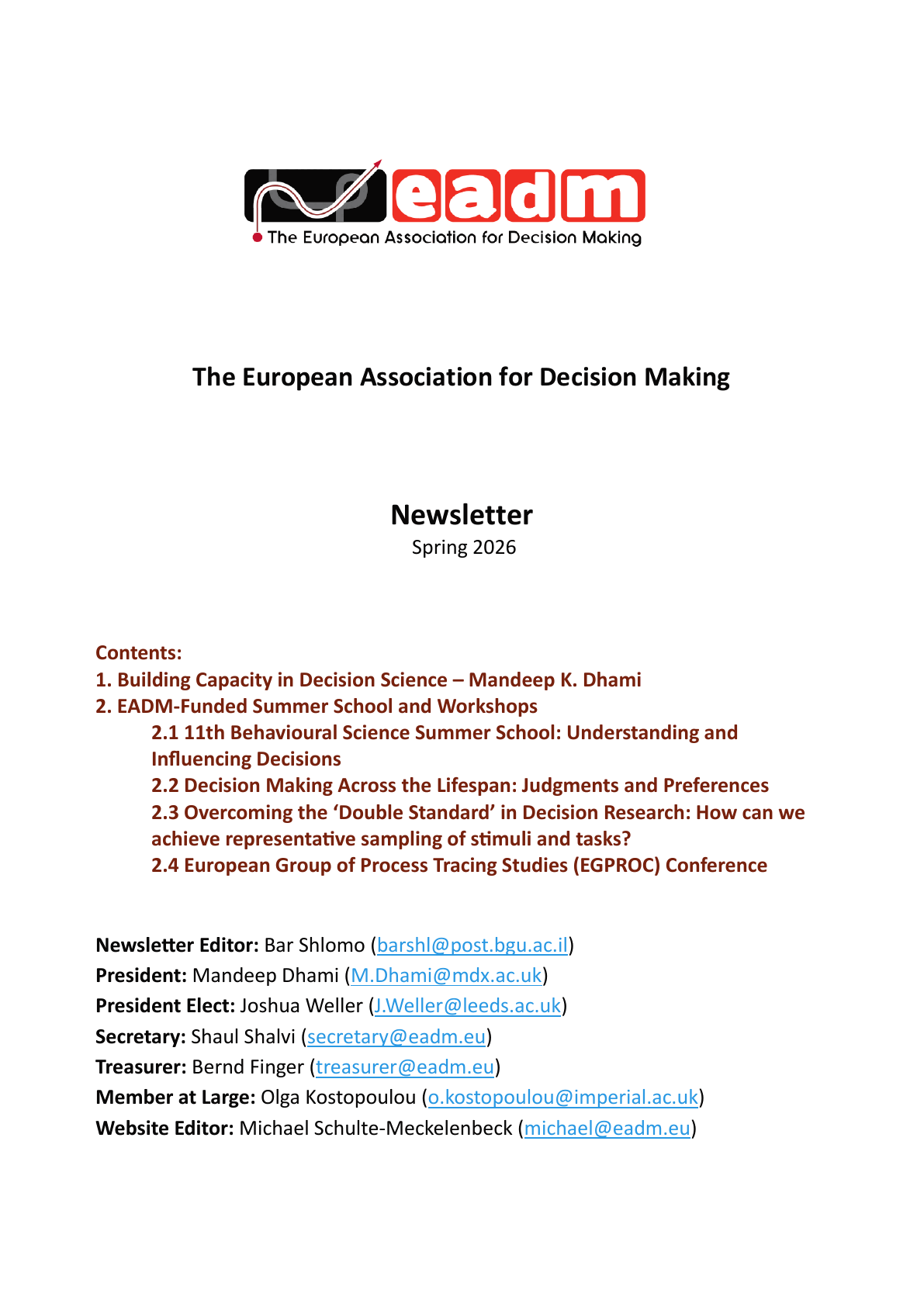 Cover page of the EADM Newsletter, Spring 2026